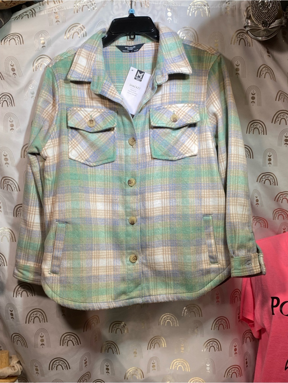 Kids Plaid Shacket Jacket in Pastel Green and Cream